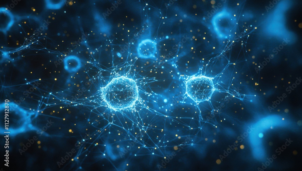 Poster abstract representation of microbial cells illuminated by blue light in a networked structure with f
