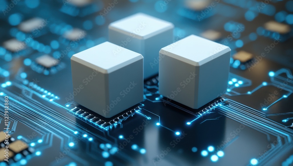 Poster abstract representation of microchips on a modern circuit board showcasing intricate electronic comp