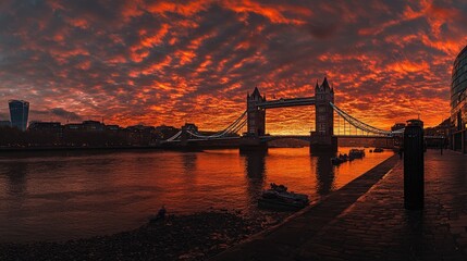 Fiery sunset, Tower Bridge, London skyline.