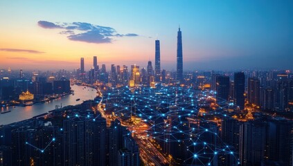 Fototapeta premium Aerial View of a Modern City Skyline at Sunset with Digital Connections Depicting Urban Networking and Technology Integration in a Metropolitan Landscape