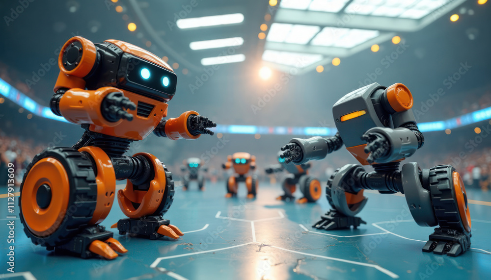 Poster futuristic robots battle in arena. innovative design. orange, grey robots. competition event. crowd 