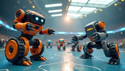 Futuristic robots battle in arena. Innovative design. Orange, grey robots. Competition event. Crowd of spectators. Tech innovation. Robotics competition. High tech event. Creative futuristic arena.