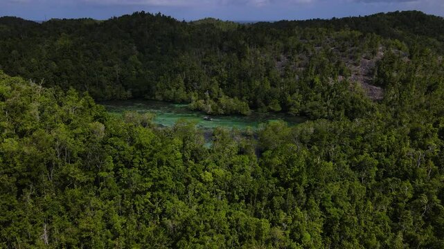 A Boat Gliding Through the Green River, Surrounded by Dense Forest Near Makassar, Sulawesi, Indonesia - Drone Flying Forward