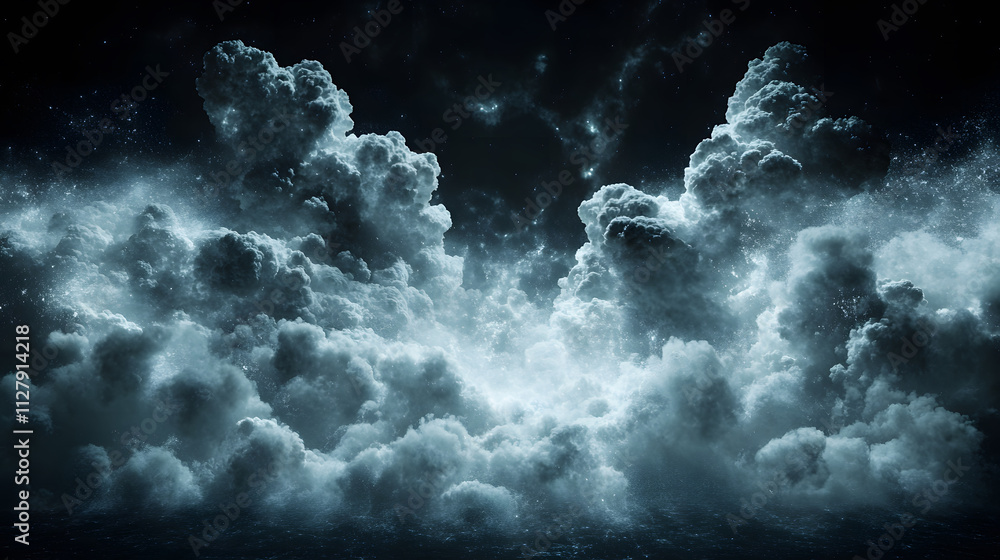 Poster a dramatic scene of dark clouds illuminated by ethereal light, creating a mysterious and captivating