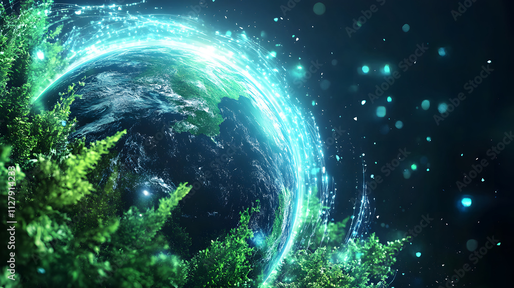 Poster a mystical, glowing sphere surrounded by lush greenery, evoking a sense of nature intertwined with e