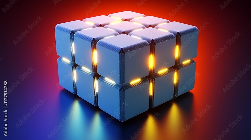 Poster glowing cube, abstract 3d render, illuminated blocks.