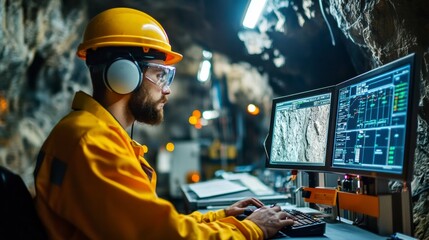 Mining engineer analyzing geological data on monitors underground, focused on enhancing operational efficiency and safety in mining exploration.