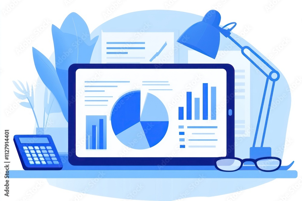 Poster Tablet displaying graphs, charts, and data analysis on a desk.