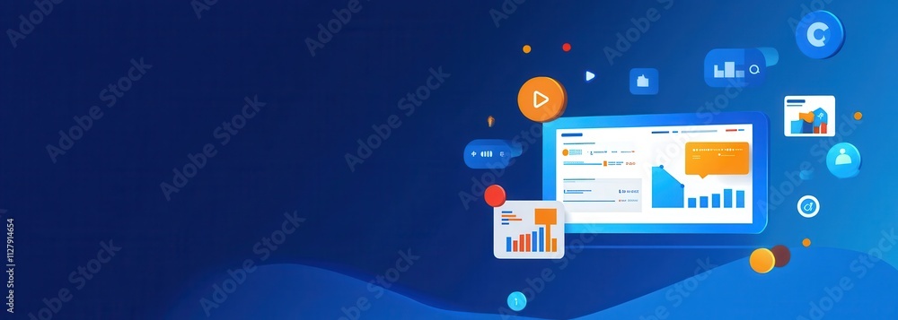 Poster bright and modern data analytics dashboard interface with colorful graphs, charts, and icons on a de