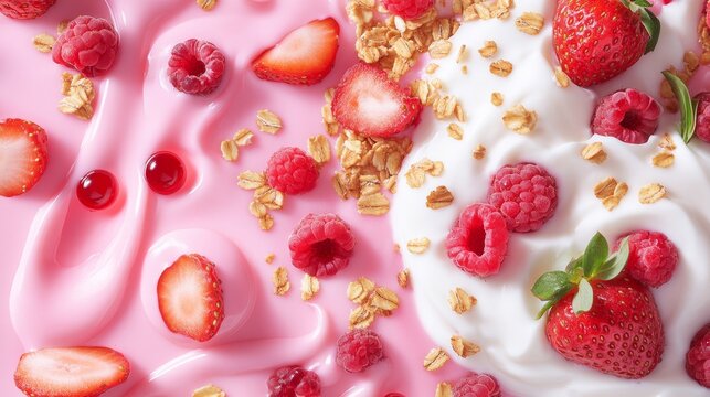 Strawberry Raspberry Yogurt Parfait - Sweet creamy yogurt, juicy strawberries, raspberries, and crunchy oats.  Represents healthy eating, summer freshness, delicious breakfast, vibrant colors, and swe