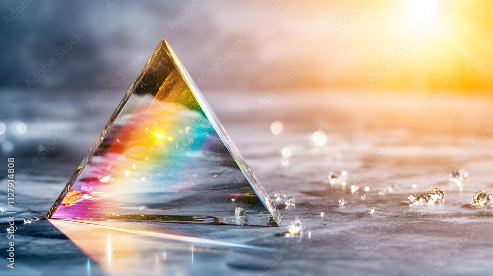 Poster A glass prism reflects colorful light rays onto a wet surface, creating a vibrant display against a soft, glowing background
