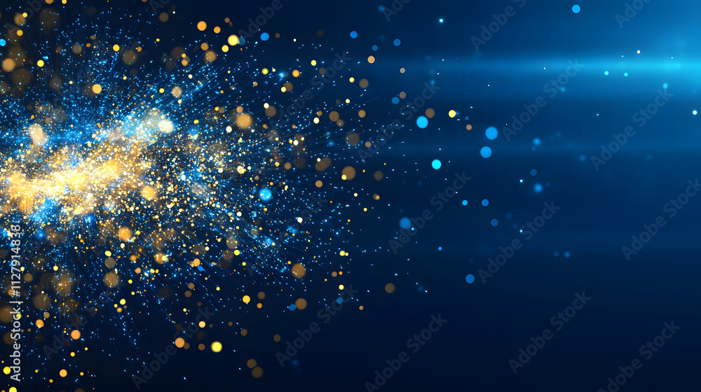 Poster a vibrant burst of light particles in blue and gold, creating a dynamic, sparkling effect against a 