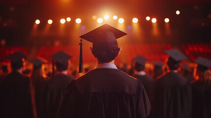 Obraz premium Graduates in black caps and gowns facing the stage during a ceremony in a brightly lit auditorium. Academic achievement and celebration concept