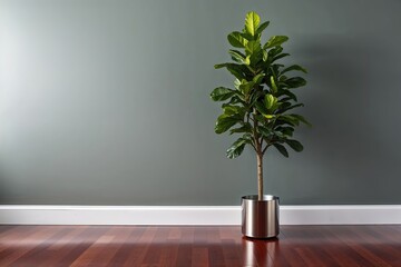 Fototapeta premium Sage Grey Walls Bright Rubber Tree Modern Metal Pot Rich Cherry Flooring for Elegant Interior Design and Home Decor