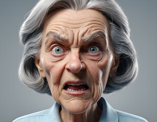 Close-up of an animated elderly woman with an angry expression.
