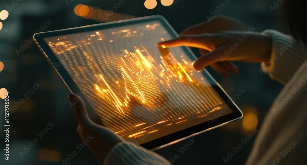 Poster woman analyzing glowing data graph on tablet.