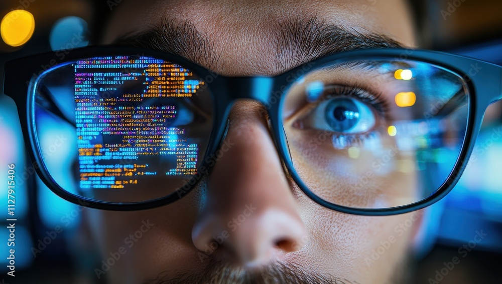 Poster close-up of person's face with glasses reflecting colorful coding data, symbolizing technology, inno