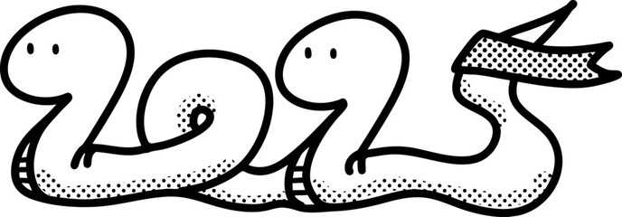 2025の形をしたヘビのイラスト　モノクロ水玉