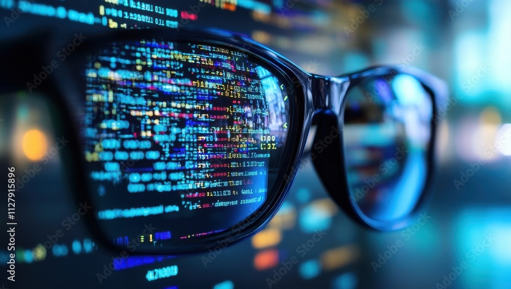 Poster close-up view of glasses reflecting colorful data streams and coding, showcasing technology and inno