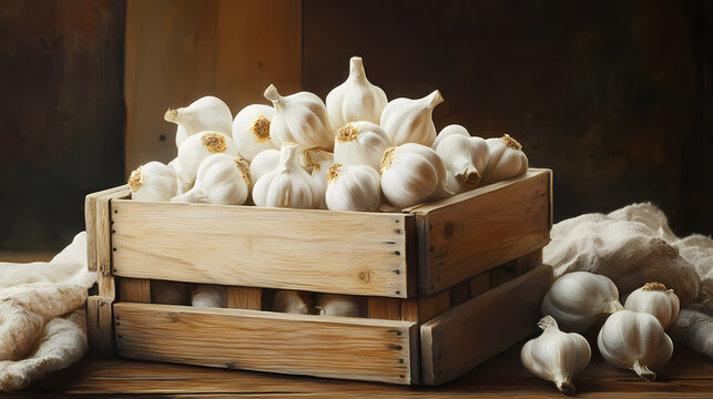 Uma caixa de madeira cheia de bulbos de alho branco. Fresco. Illustration