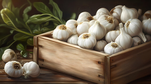 Uma caixa de madeira cheia de bulbos de alho branco. Fresco. Illustration