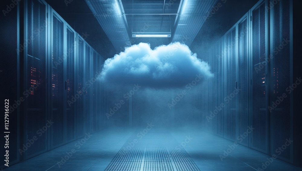 Poster cloud computing concept in a high-tech data center with dark atmosphere and blue lighting, symbolizi