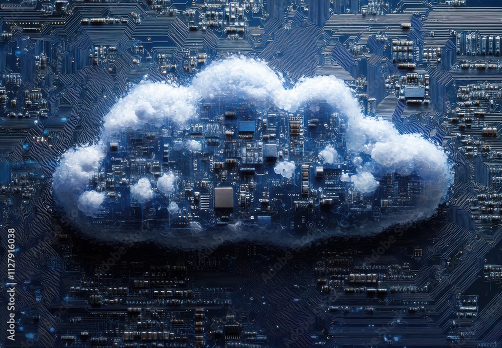 Poster cloud computing concept with abstract representation of data storage and technology overlaid on circ