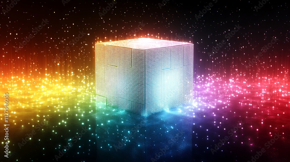 Poster glowing cube with rainbow light particles.