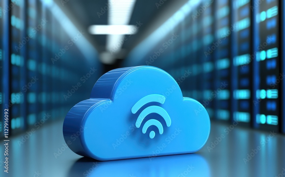 Poster cloud computing technology concept with a wireless signal icon in a server room environment represen
