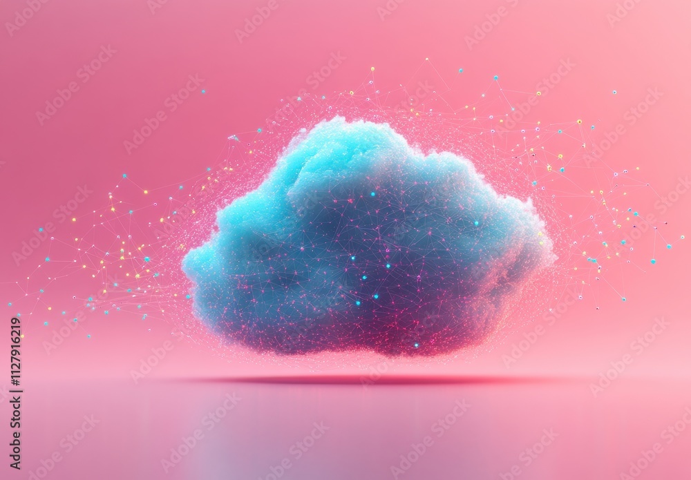 Poster colorful abstract cloud surrounded by digital particles and connections against a soft pink backgrou