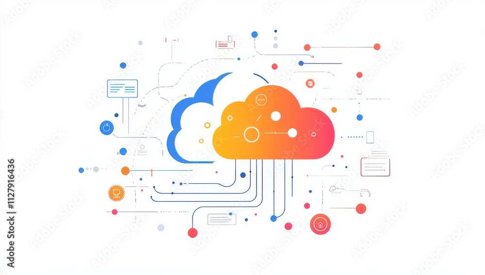 Poster colorful cloud computing illustration with digital icons representing data connections and informati