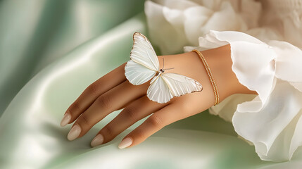An elegant female hand with a pure gold bracelet on the wrist. A snow-white butterfly sits on the hand
