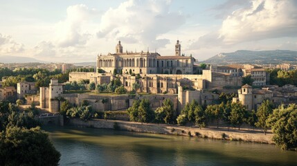Fototapeta premium Ancient palace, river, and city walls.