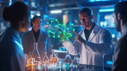 Scientists in a laboratory discuss innovative molecular structures, advancing cutting-edge research in chemical science and biotechnology breakthroughs.