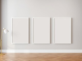 Empty poster frames hanging on the walls of a modern and stylish bedroom interior, adding a touch of elegance and sophistication to the room, stylish, empty frames