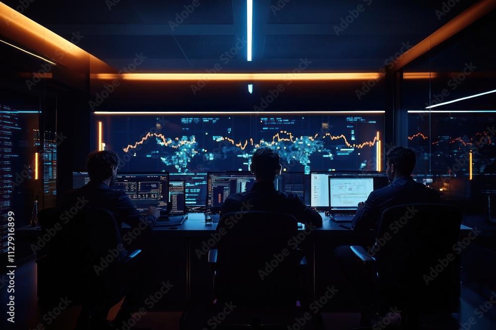 Poster Three analysts monitoring data on large screens in a dark control room at night.