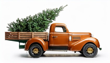 Vintage truck with Christmas tree on isolated white background or old truck isolated on white