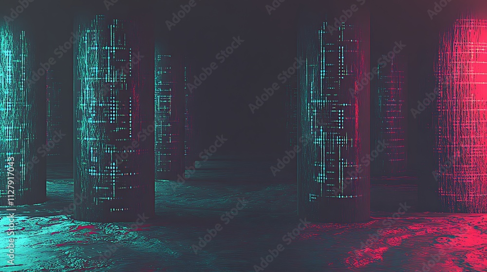 Poster glowing digital data columns in dark room.