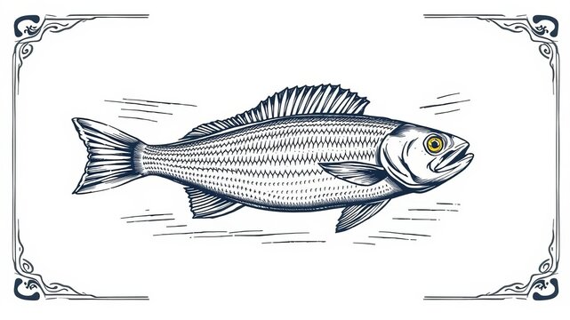 Engraved vector illustration of cod fish on light background for fish restaurant menu flyer packaging label, flyer, hand drawn