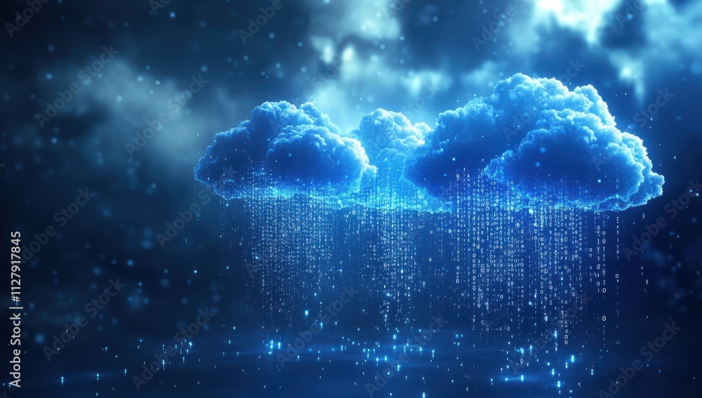 Poster dark and atmospheric rain clouds with shimmering particles falling from above, creating a dreamy and