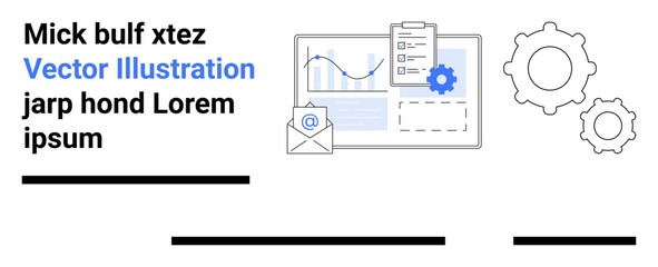Laptop with analytics screen, gear and email icons, and lorem ipsum text. Ideal for data analysis, business strategy, technology, communication, workflow optimization, software engineering