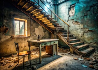 Obraz premium A minimalist scene: abandoned basement, rubble, broken stairs, solitary desk.