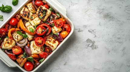 A colorful dish of grilled vegetables and halloumi cheese.