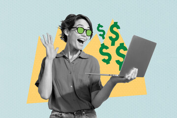 Composite photo collage of happy businesswoman girl hold laptop receive dollar income cash jackpot...