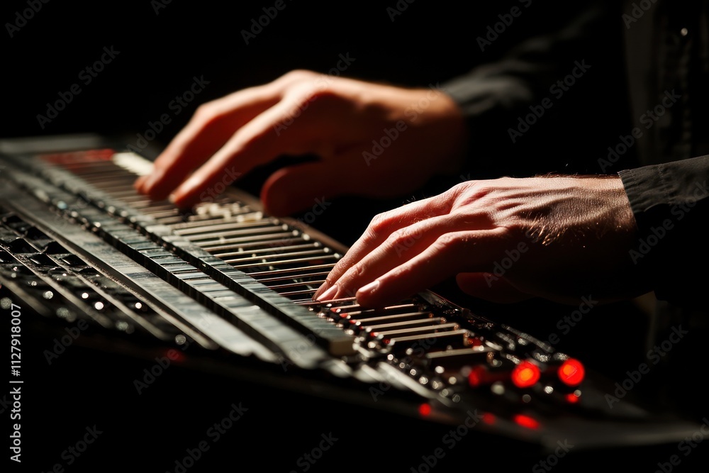Poster close-up of hands playing a synthesizer keyboard.