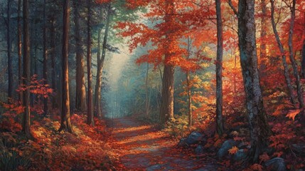 Obraz premium 79.A narrow path lined with towering trees dressed in vivid autumn colors of red, orange, and yellow. Fallen leaves create a colorful mosaic along the path, while sunlight gently pierces through the