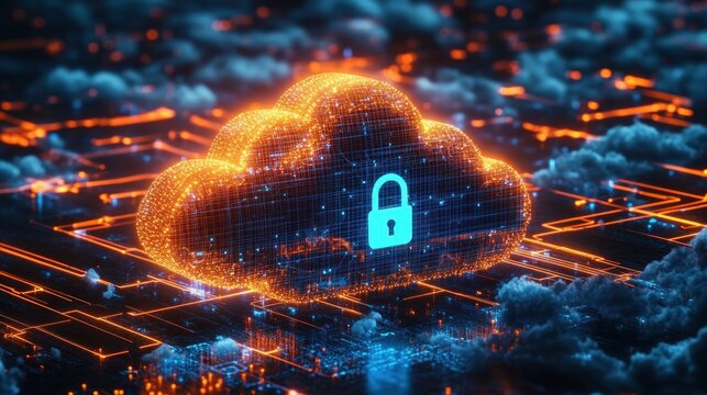 Cloud Security Illustration Featuring Secure Padlock and Digital Protection in Cyberpunk Style