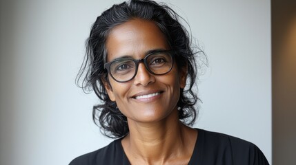 Obraz premium Smiling woman with glasses in casual attire poses indoors against a neutral background