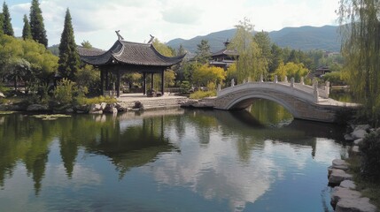 Obraz premium 55.A peaceful landscape of Black Dragon Pool Park in Lijiang Old Town, with a majestic Chinese pavilion and pagoda surrounded by lush greenery and tall trees. The stone arch bridge curves gracefully