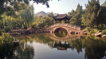 Naklejka premium 55.A peaceful landscape of Black Dragon Pool Park in Lijiang Old Town, with a majestic Chinese pavilion and pagoda surrounded by lush greenery and tall trees. The stone arch bridge curves gracefully